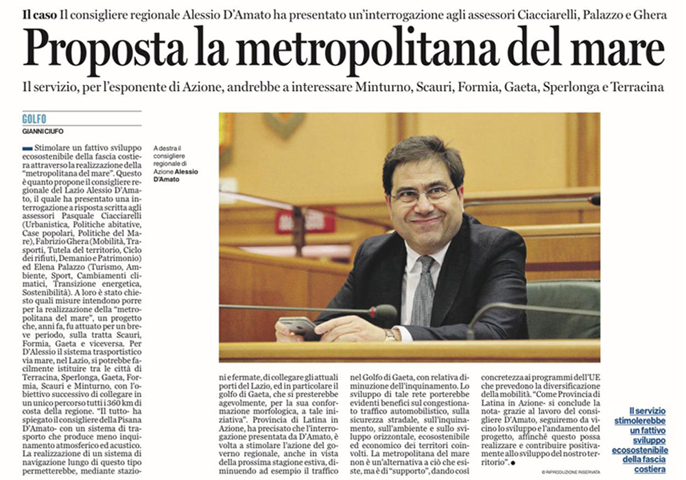 L’articolo su Latina Oggi della mia interrogazione in Regione sulla metropolitana sul mare